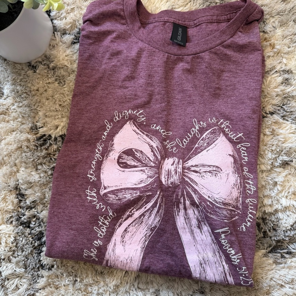 Love in Faith Women’s Burgundy Proverbs 31 Scripture Bow Christian Tee